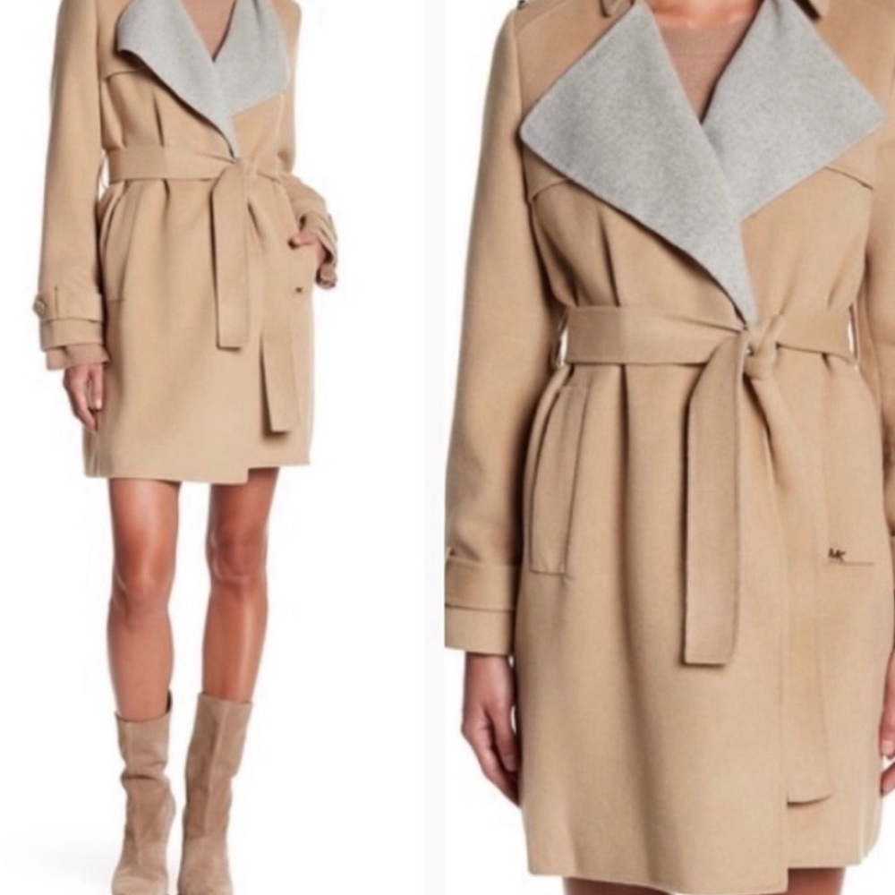 MICHAEL KORS Wool Colorblock Wrap Coat